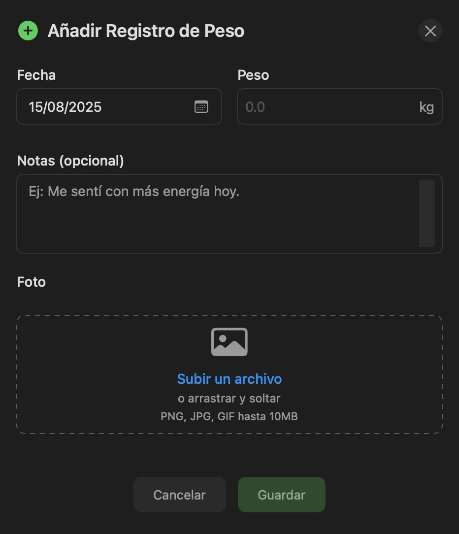 Captura de pantalla: Agregar Peso - Modal con foto de progreso