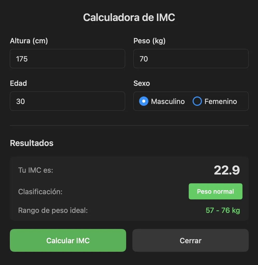 Captura de pantalla: Calculadora IMC - Con clasificaciones médicas
