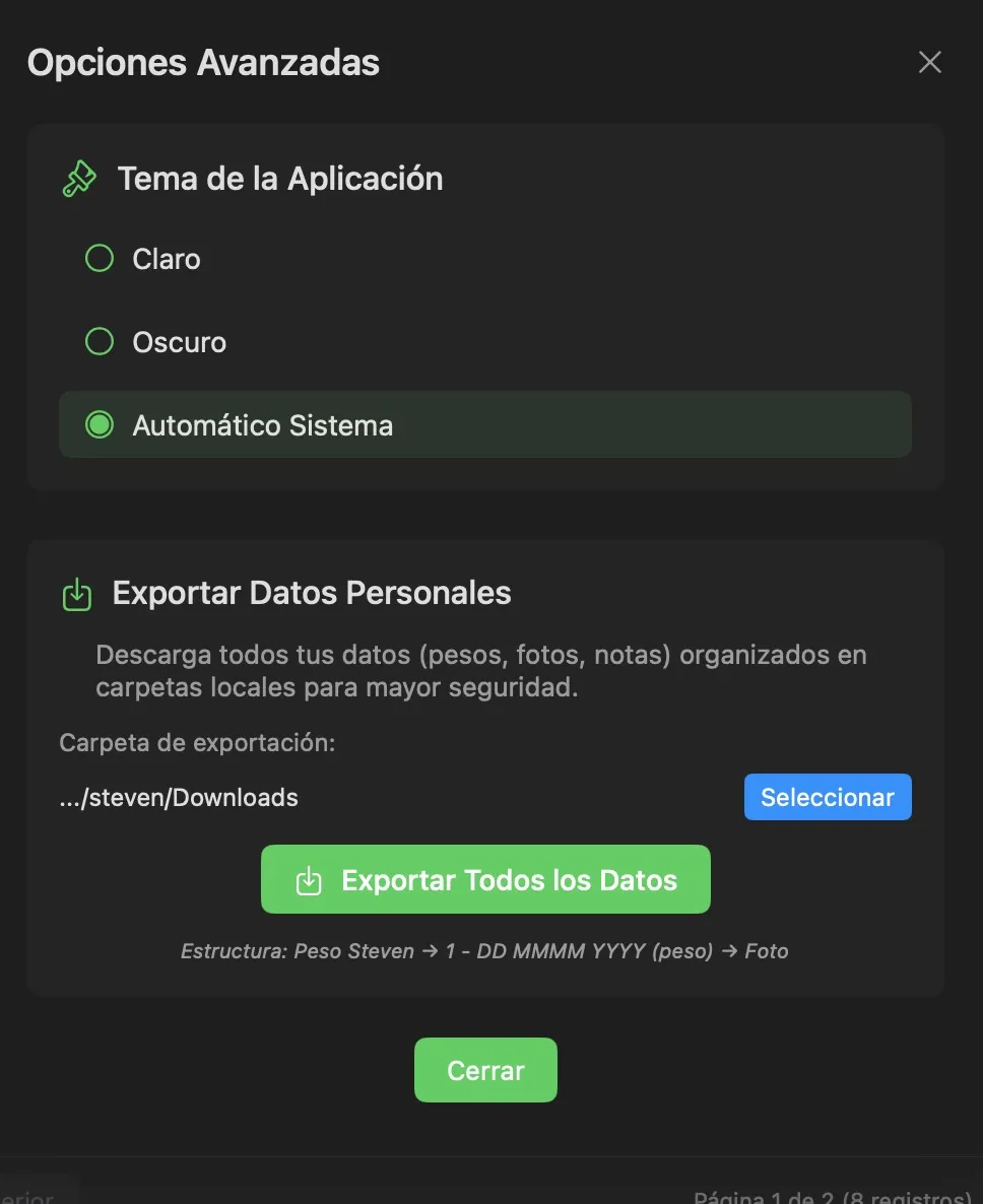 Captura de pantalla: Exportación de Datos - Datos organizados por carpetas